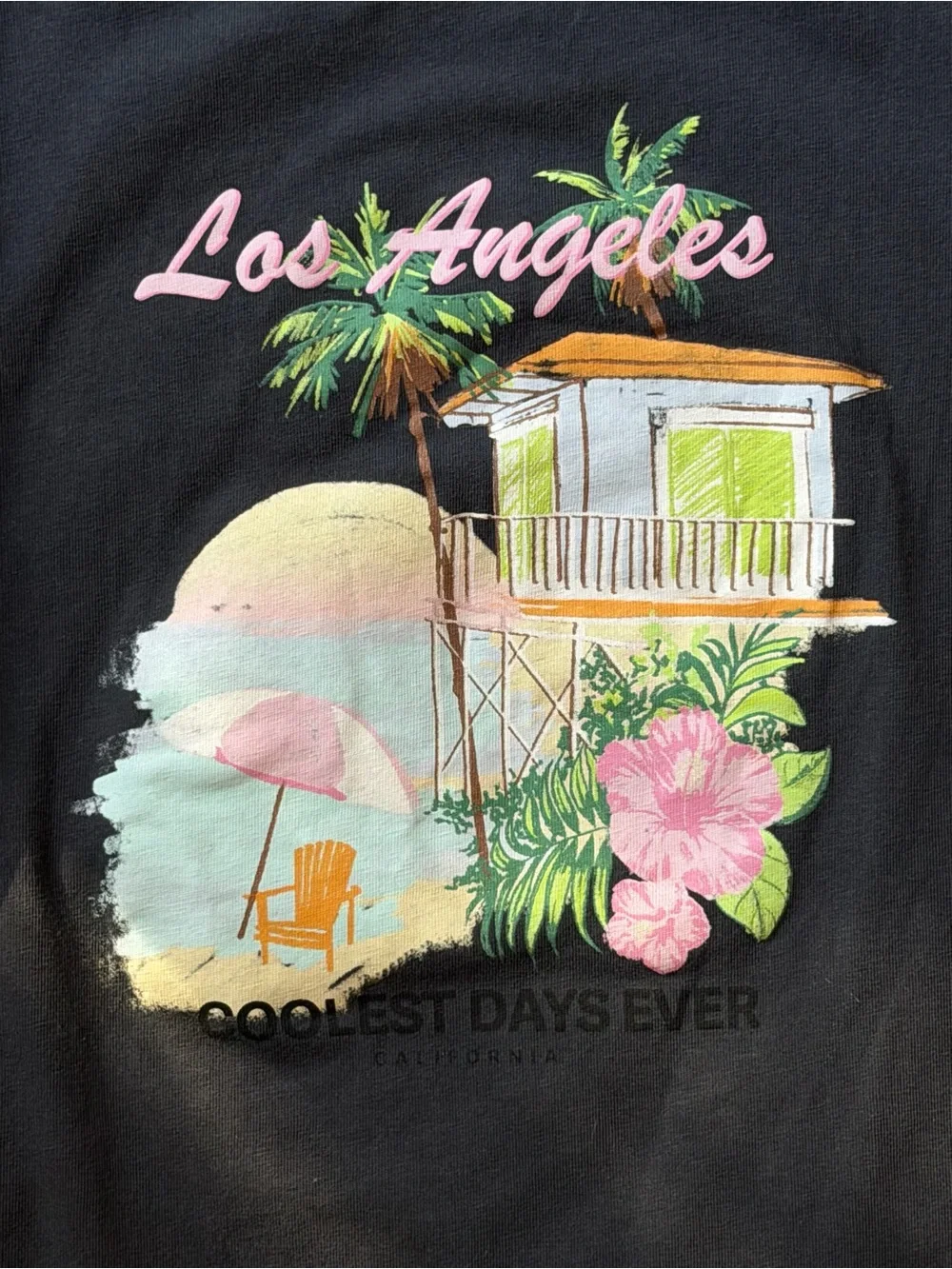 ZARA Kids 8-9Y Los Angeles California Beach Graphic T-Shirt Black